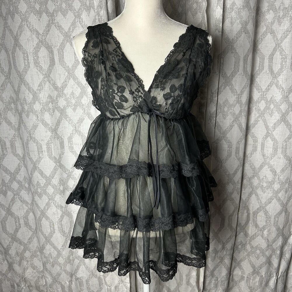 Vintage 90s Sheer Black Lace Babydoll Top Fairy Grunge Peplum Made in USA Medium